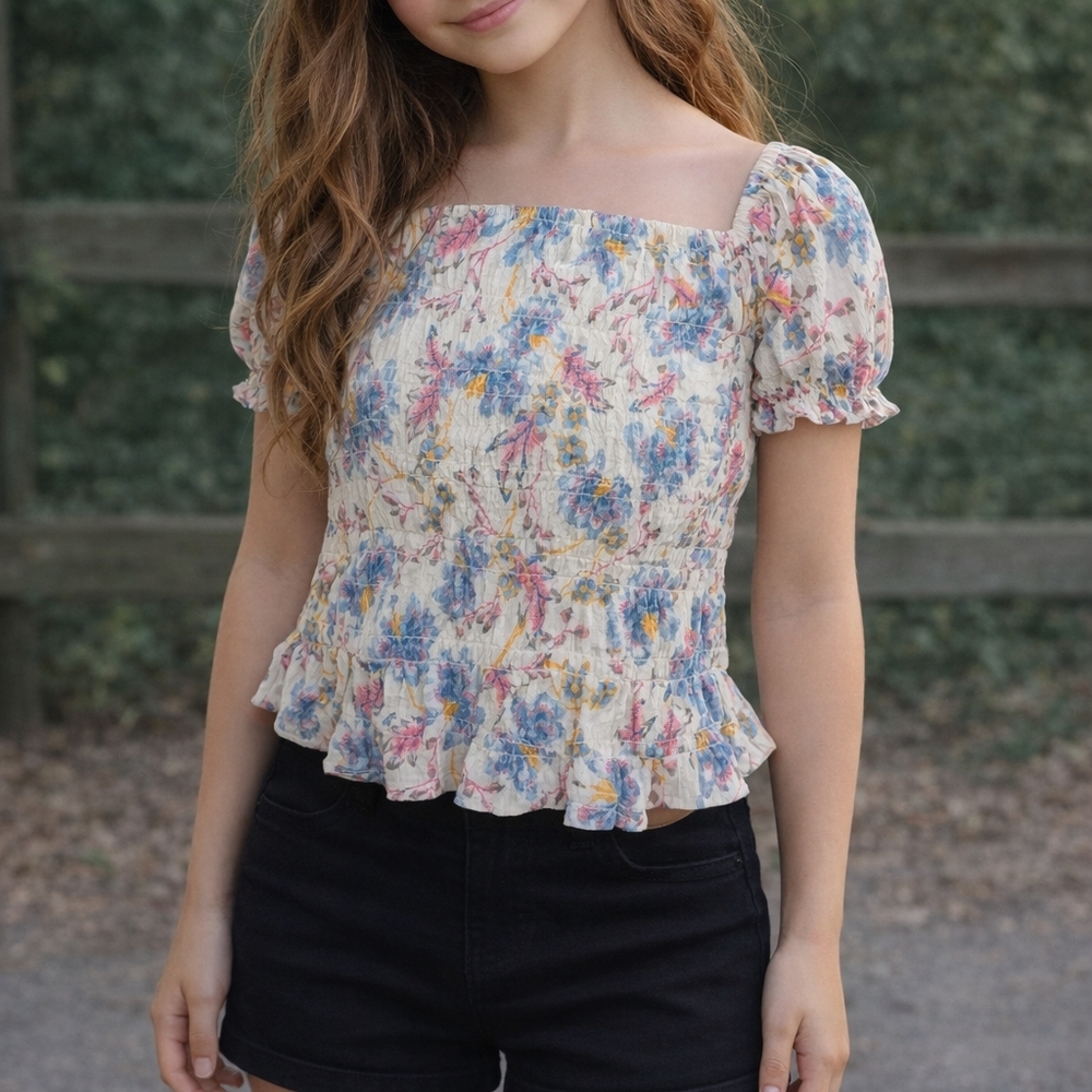 Old Navy Floral Ruffle Blouse - Cream, Blue, Pink